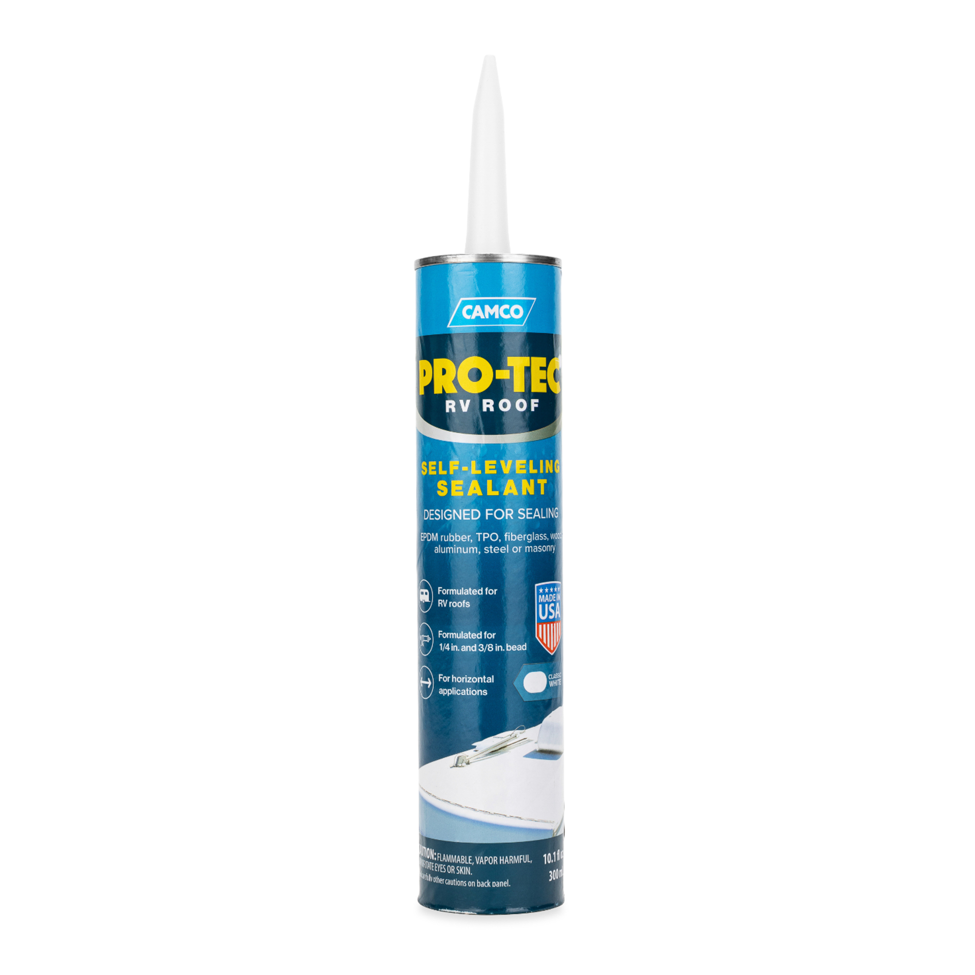 Camco Pro-Tec Self-Leveling RV Roof Sealant — Classic White — 10.1 fl oz (300 mL) — Creates a Strong Seal Along RV Roof Edges, Vent Pipe & Air Vents — For Horizontal Applications — Easy to Apply